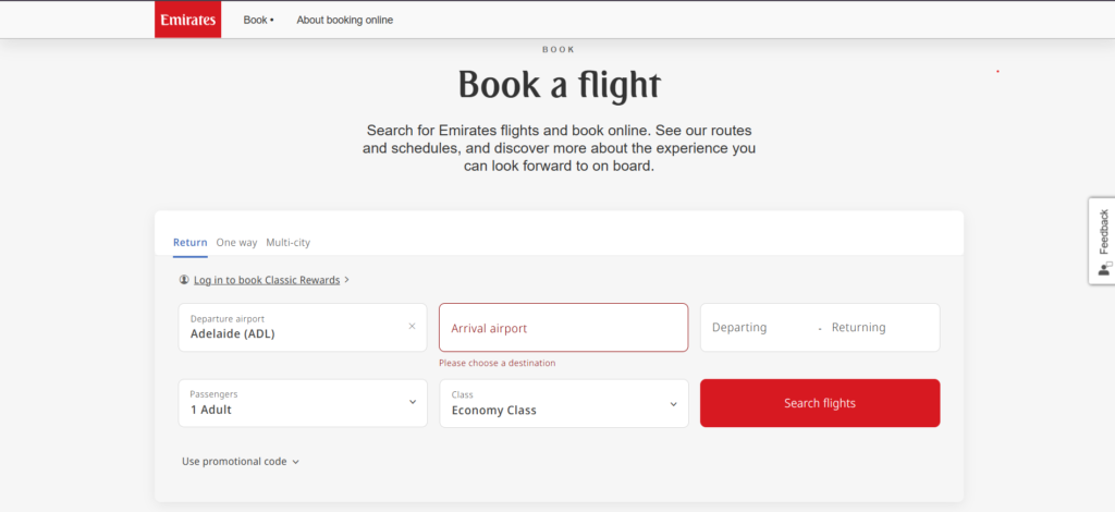 Emirates Booking Page